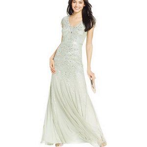 Adrianna Papell Women's  Cap Sleeve V-Neck Fully Beaded Gown Mint 6